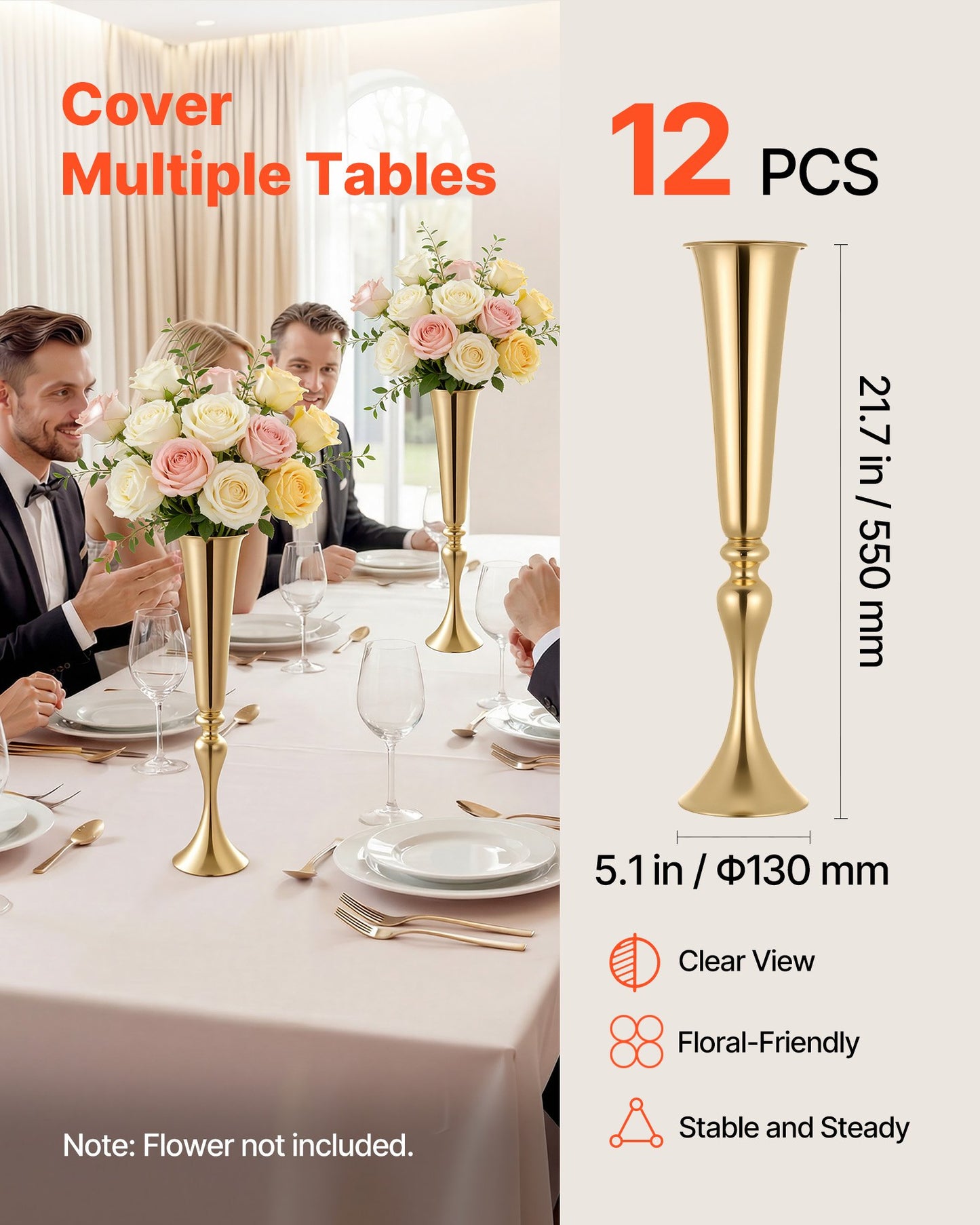 12 PCS Wedding Flower Vase, 55 cm Tall Trumpet Flower Table Centerpieces, Banquet Vases Easy Installation, Electroplated Versatile Arrangement Stand for Party Events Home Decor Reception, Gold