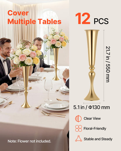 12 PCS Wedding Flower Vase, 55 cm Tall Trumpet Flower Table Centerpieces, Banquet Vases Easy Installation, Electroplated Versatile Arrangement Stand for Party Events Home Decor Reception, Gold