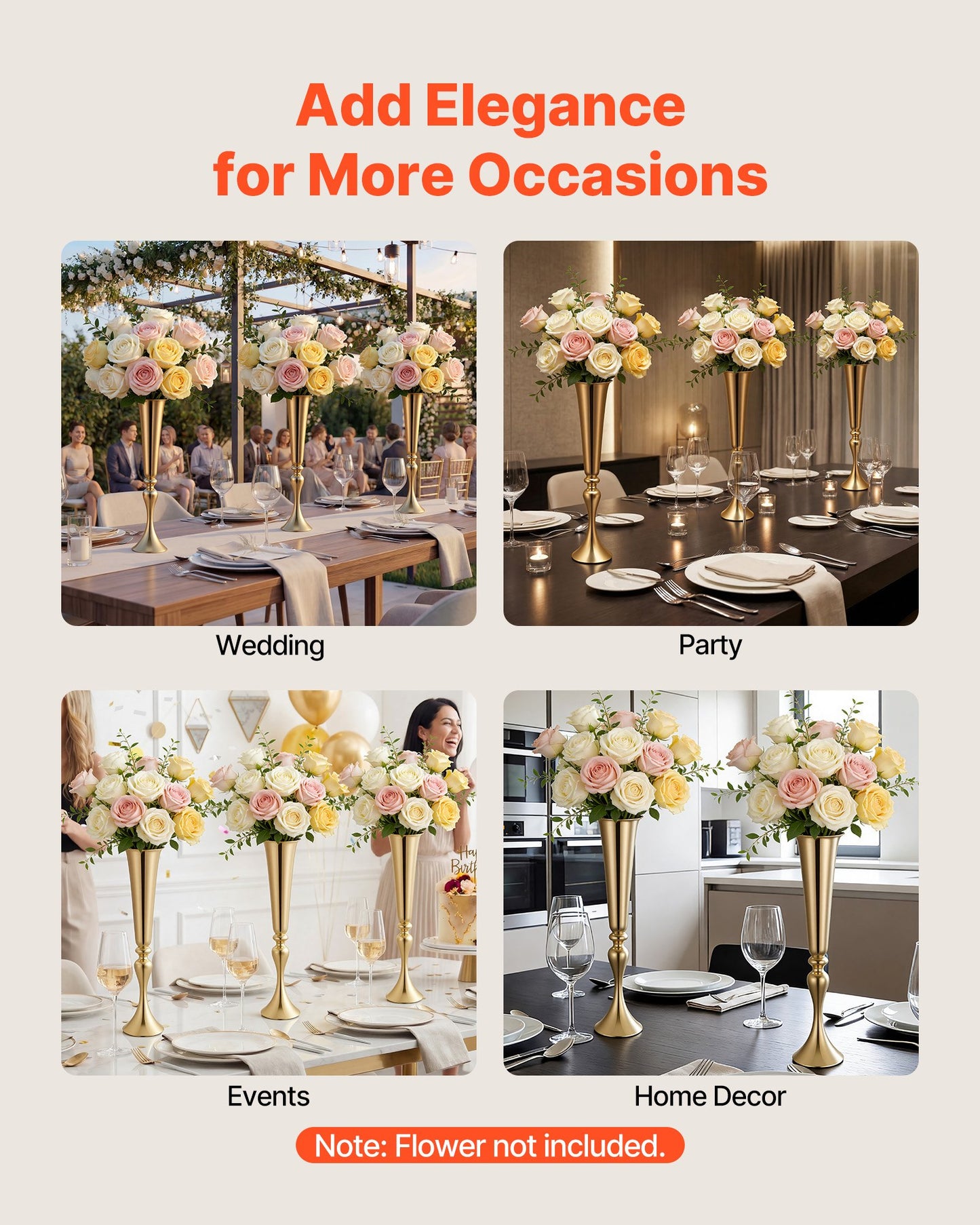 12 PCS Wedding Flower Vase, 55 cm Tall Trumpet Flower Table Centerpieces, Banquet Vases Easy Installation, Electroplated Versatile Arrangement Stand for Party Events Home Decor Reception, Gold