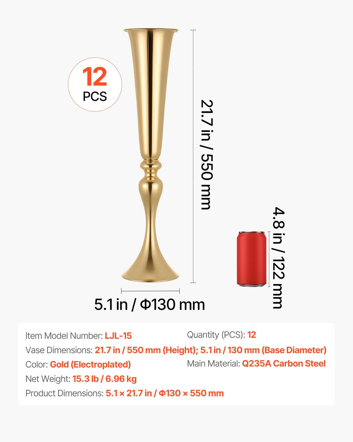 12 PCS Wedding Flower Vase, 55 cm Tall Trumpet Flower Table Centerpieces, Banquet Vases Easy Installation, Electroplated Versatile Arrangement Stand for Party Events Home Decor Reception, Gold