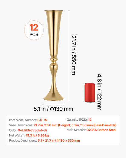 12 PCS Wedding Flower Vase, 55 cm Tall Trumpet Flower Table Centerpieces, Banquet Vases Easy Installation, Electroplated Versatile Arrangement Stand for Party Events Home Decor Reception, Gold