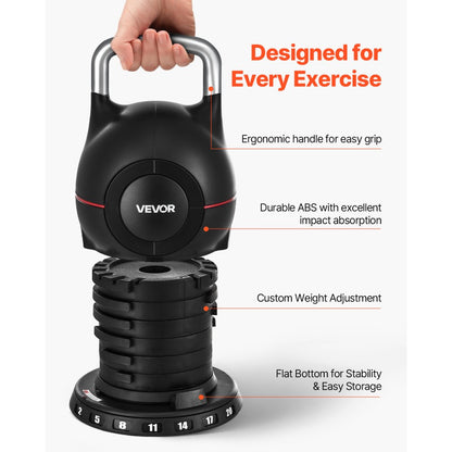 VEVOR Adjustable Kettlebell with 7 Weight Levels 2/5/8/11/14/17/20 kg (Black)