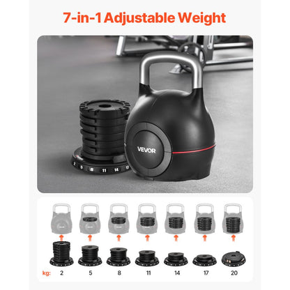 VEVOR Adjustable Kettlebell with 7 Weight Levels 2/5/8/11/14/17/20 kg (Black)