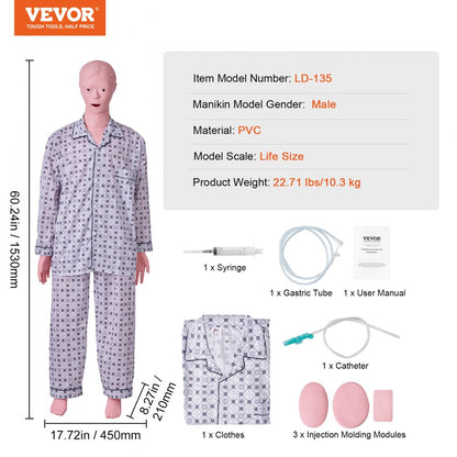 VEVOR Male Manikin Model Anatomical Nursing Training Patient Care Teach Practice
