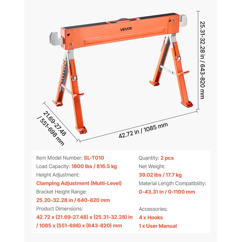 Saw Horses 2 Pack Work Bench Heavy Duty 816.5 kg Load Adjustable Height