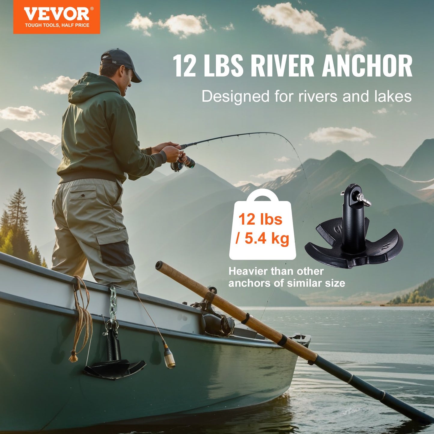 VEVOR River Anchor, 12 LBS Boat Anchor Cast Iron Black Vinyl-Coated with Shackle,