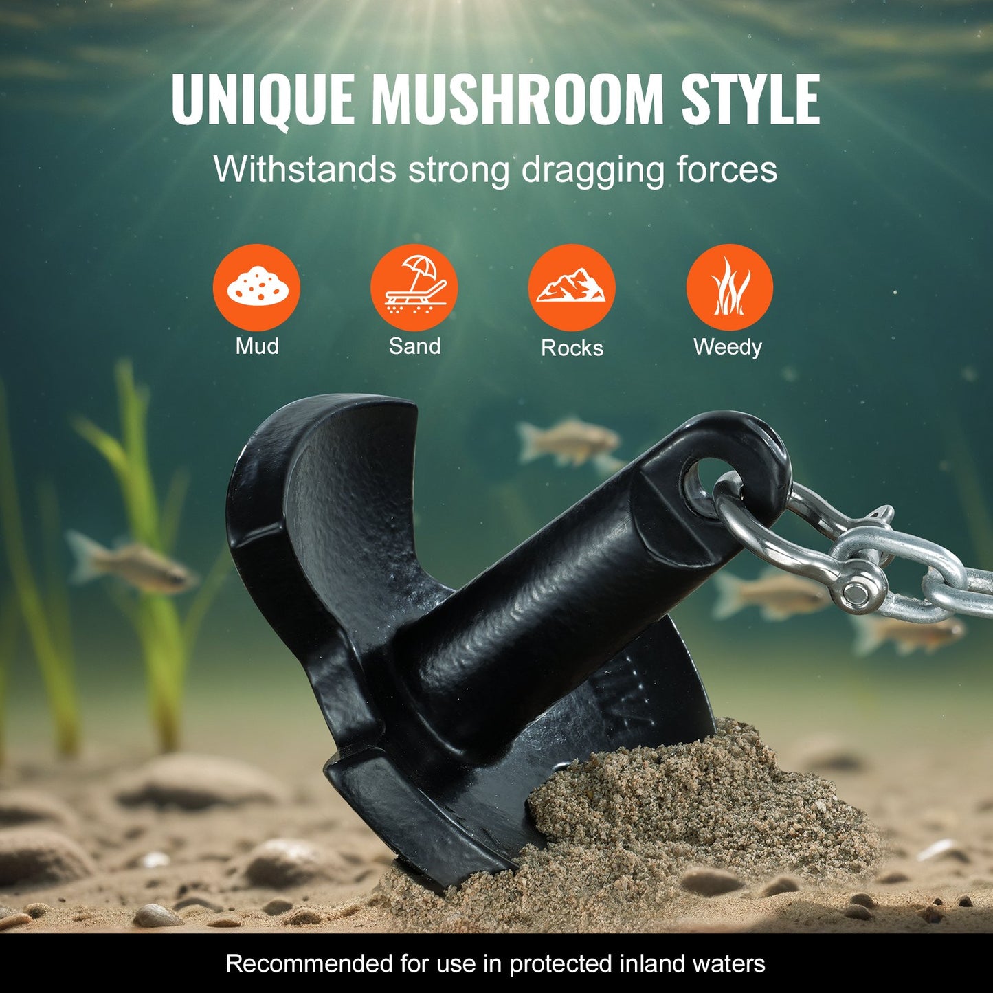 VEVOR River Anchor, 12 LBS Boat Anchor Cast Iron Black Vinyl-Coated with Shackle,