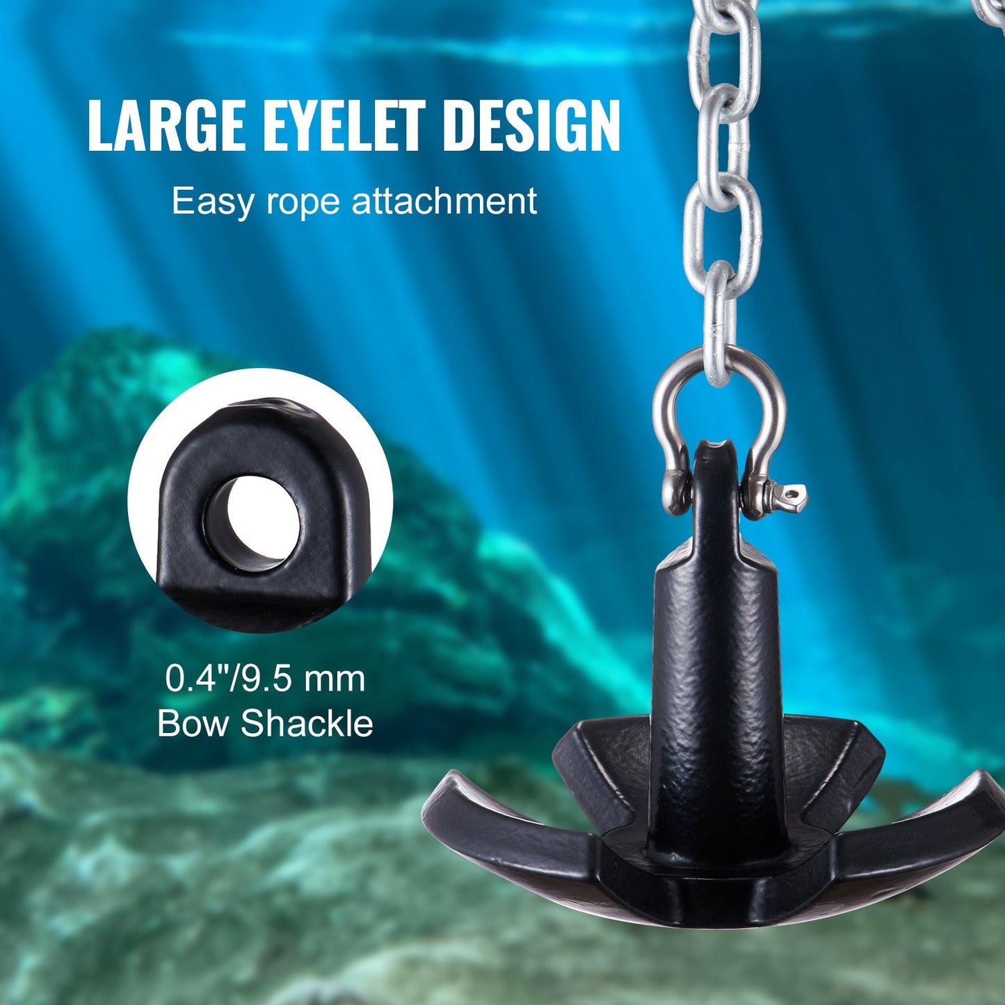 Heavy-Duty 5.4 kg River Anchor, Black Vinyl-Coated Cast Iron with Shackle