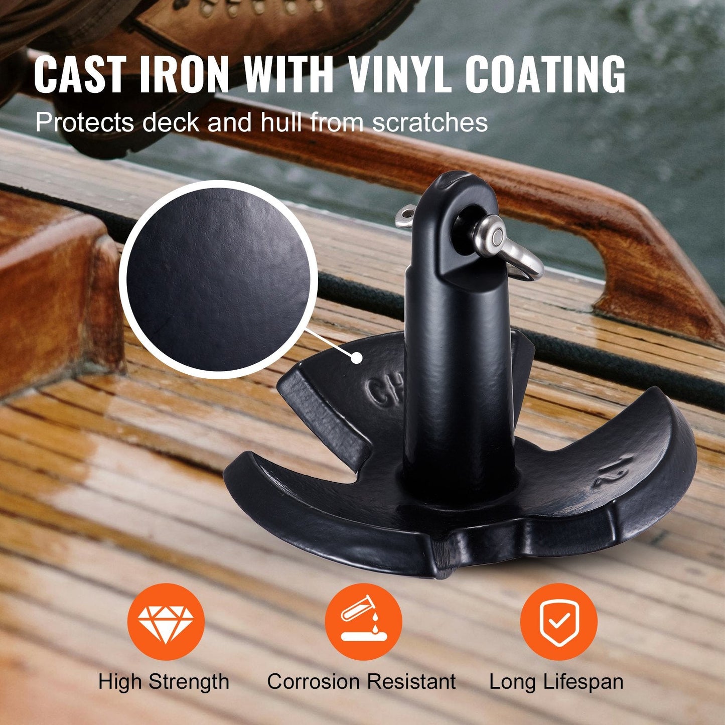 Heavy-Duty 5.4 kg River Anchor, Black Vinyl-Coated Cast Iron with Shackle