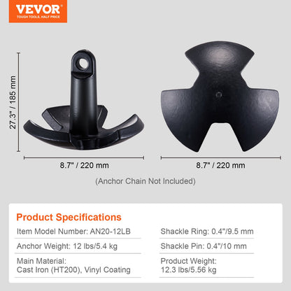 VEVOR River Anchor, 12 LBS Boat Anchor Cast Iron Black Vinyl-Coated with Shackle,
