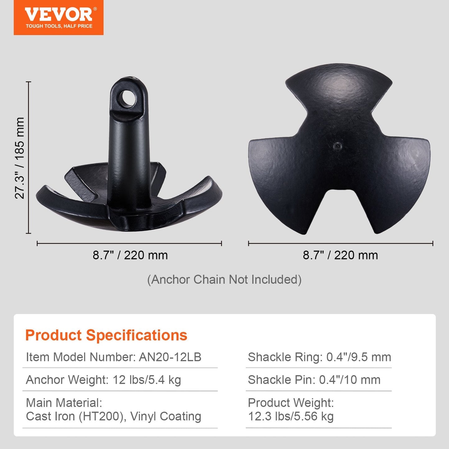 Heavy-Duty 5.4 kg River Anchor, Black Vinyl-Coated Cast Iron with Shackle