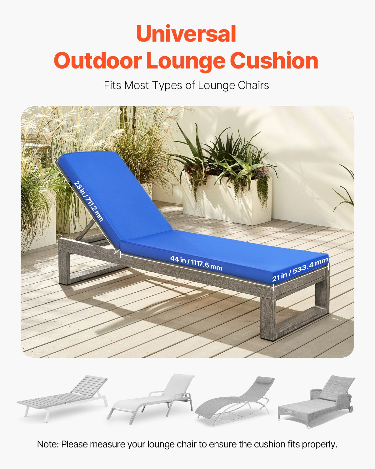 Chaise Lounge Cushion, 183 x 53.3 x 7.5 cm , Outdoor Lounge Chair Cushions, Waterproof & Fade-Resistant, Sun Lounger Replacement Cushions with Ties, Patio Lounger Pads for Pool Deck Lawn, Blue