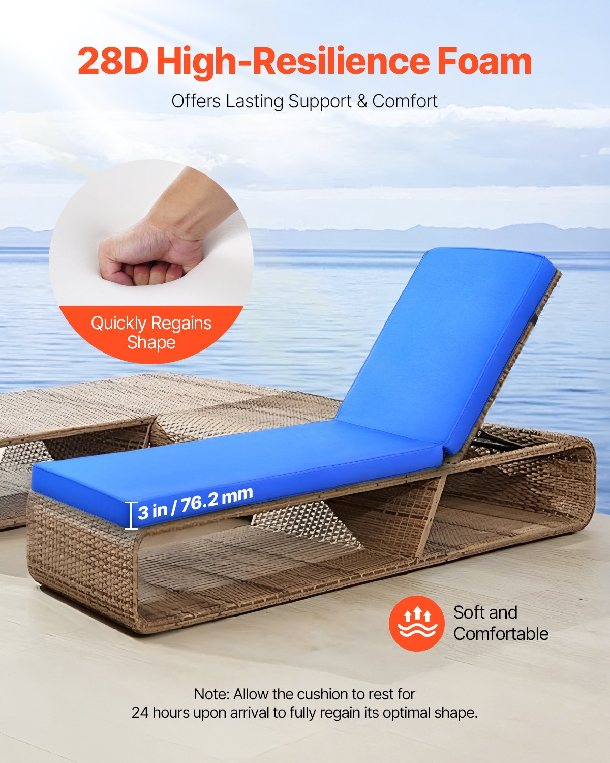 Chaise Lounge Cushion, 183 x 53.3 x 7.5 cm , Outdoor Lounge Chair Cushions, Waterproof & Fade-Resistant, Sun Lounger Replacement Cushions with Ties, Patio Lounger Pads for Pool Deck Lawn, Blue