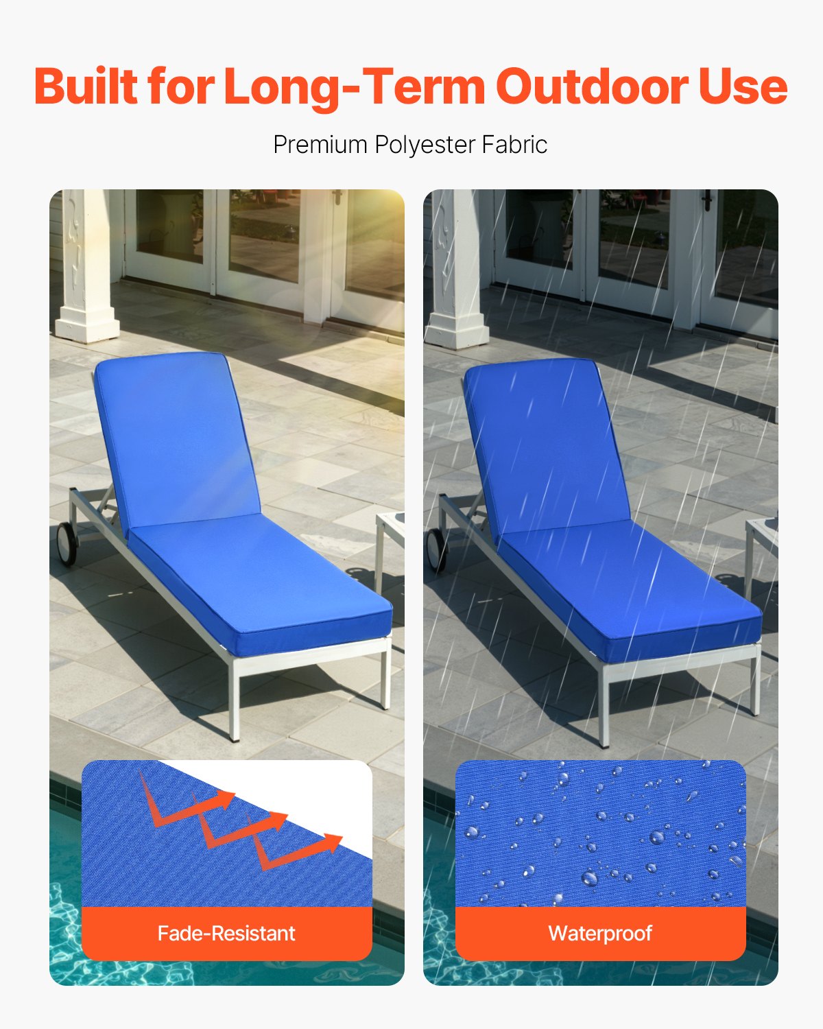 Chaise Lounge Cushion, 183 x 53.3 x 7.5 cm , Outdoor Lounge Chair Cushions, Waterproof & Fade-Resistant, Sun Lounger Replacement Cushions with Ties, Patio Lounger Pads for Pool Deck Lawn, Blue