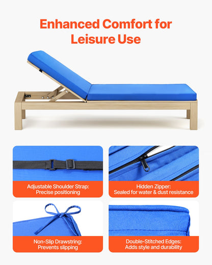 Chaise Lounge Cushion, 183 x 53.3 x 7.5 cm , Outdoor Lounge Chair Cushions, Waterproof & Fade-Resistant, Sun Lounger Replacement Cushions with Ties, Patio Lounger Pads for Pool Deck Lawn, Blue