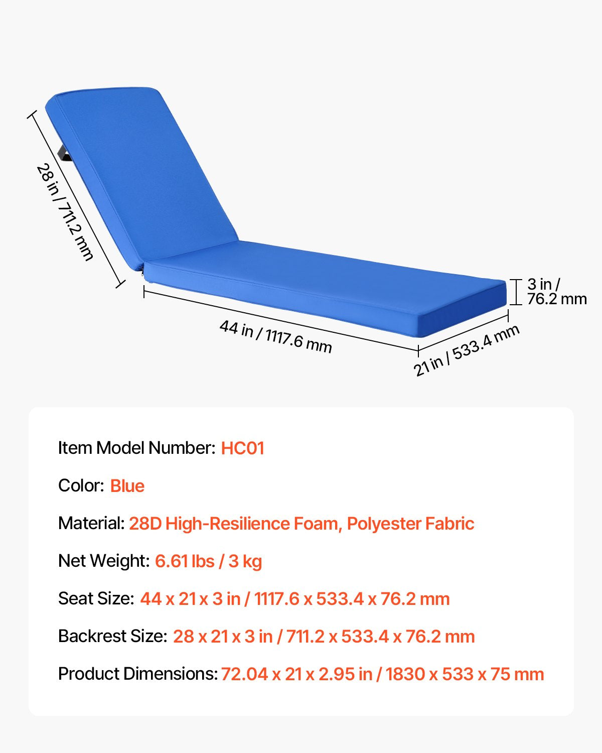 Chaise Lounge Cushion, 183 x 53.3 x 7.5 cm , Outdoor Lounge Chair Cushions, Waterproof & Fade-Resistant, Sun Lounger Replacement Cushions with Ties, Patio Lounger Pads for Pool Deck Lawn, Blue