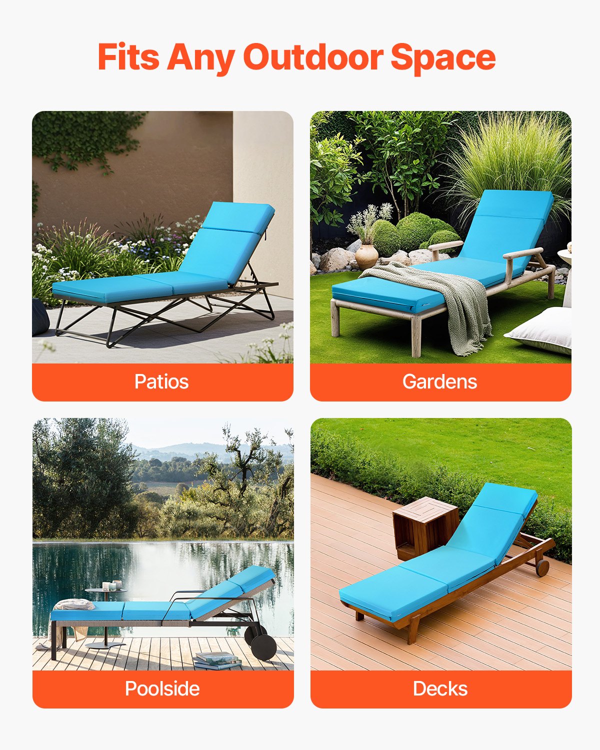 Chaise Lounge Cushion, 183x53.3x9.8 cm, Set of 2 Outdoor Lounge Chair Cushions, Waterproof & Fade-Resistant, Sun Lounger Cushions with Ties, Thick Patio Lounger Pads for Pool Deck, Teal Color