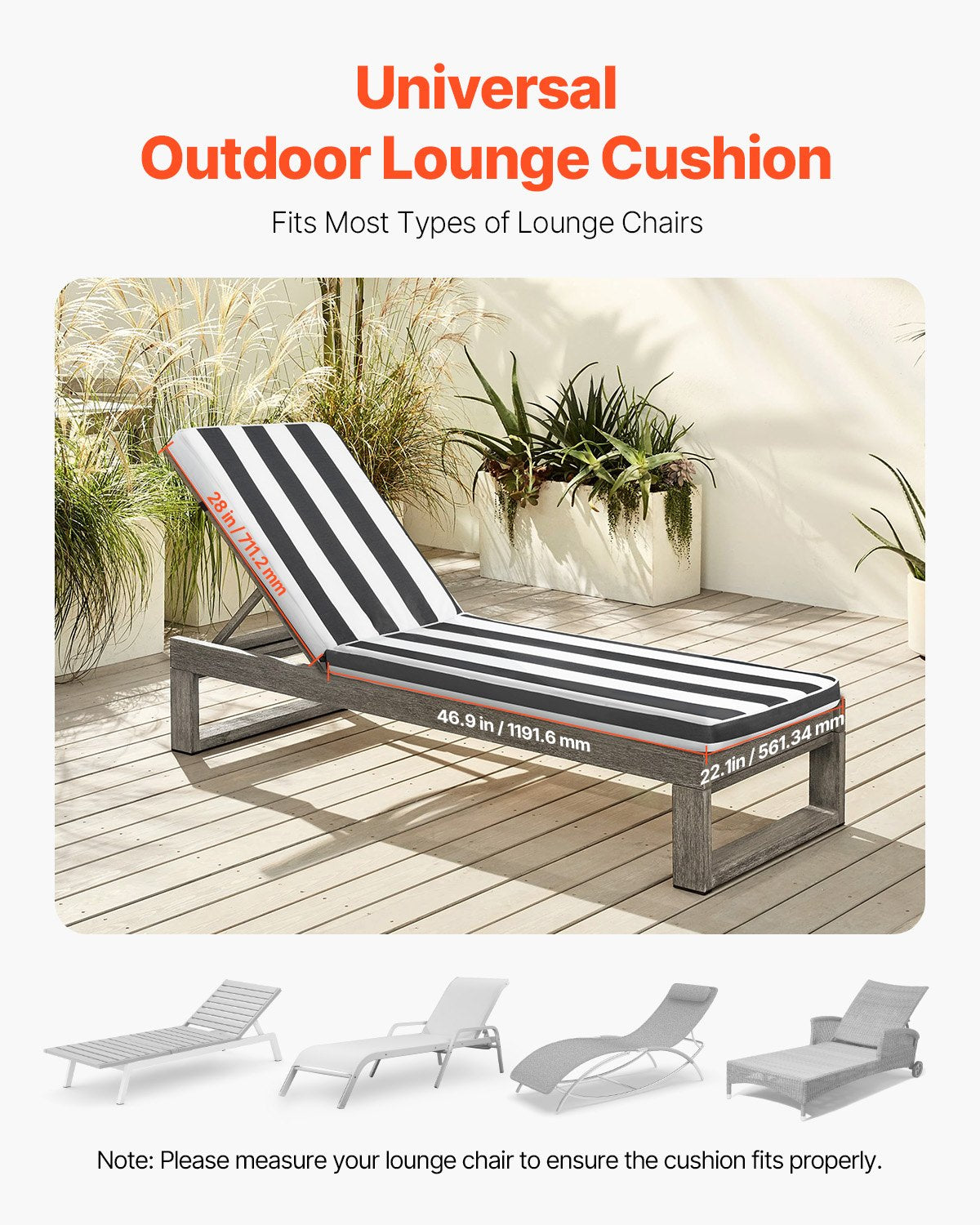 Chaise Lounge Cushion, 89x56x71 cm, Set of 2 Outdoor Lounge Chair Cushions, Waterproof & Fade-Resistant Sun Lounger Cushions with Ties, Patio Lounger Pads for Pool Deck, Black & White Stripes