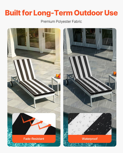 Chaise Lounge Cushion, 89x56x71 cm, Set of 2 Outdoor Lounge Chair Cushions, Waterproof & Fade-Resistant Sun Lounger Cushions with Ties, Patio Lounger Pads for Pool Deck, Black & White Stripes