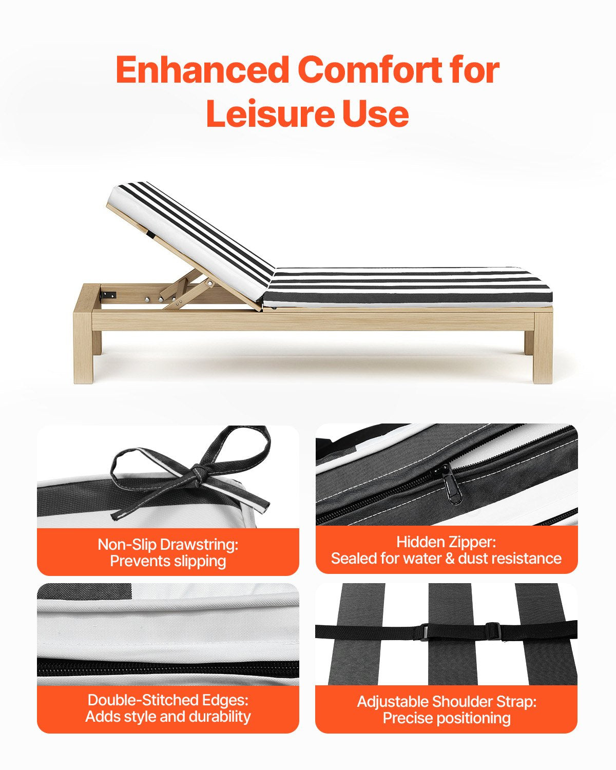 Chaise Lounge Cushion, 89x56x71 cm, Set of 2 Outdoor Lounge Chair Cushions, Waterproof & Fade-Resistant Sun Lounger Cushions with Ties, Patio Lounger Pads for Pool Deck, Black & White Stripes