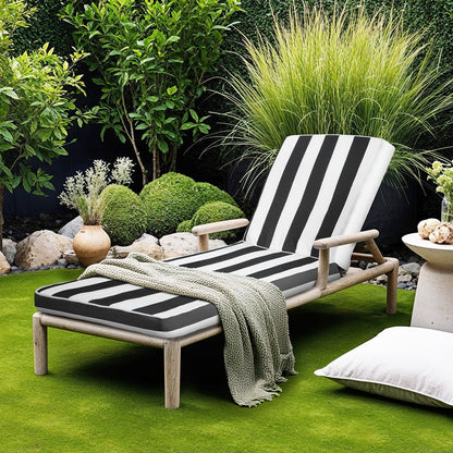 Chaise Lounge Cushion, 89x56x71 cm, Set of 2 Outdoor Lounge Chair Cushions, Waterproof & Fade-Resistant Sun Lounger Cushions with Ties, Patio Lounger Pads for Pool Deck, Black & White Stripes