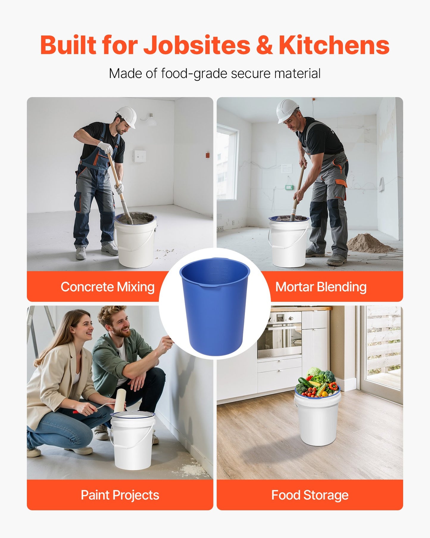 18.9L Bucket Liner for Concrete Mix, Reusable Silicone Mortar Bucket Liner for Thinset Paint Concrete Epoxy Mixing, Heavy-duty Grout Mixer Insert Tool with Graduated Measurements, Blue