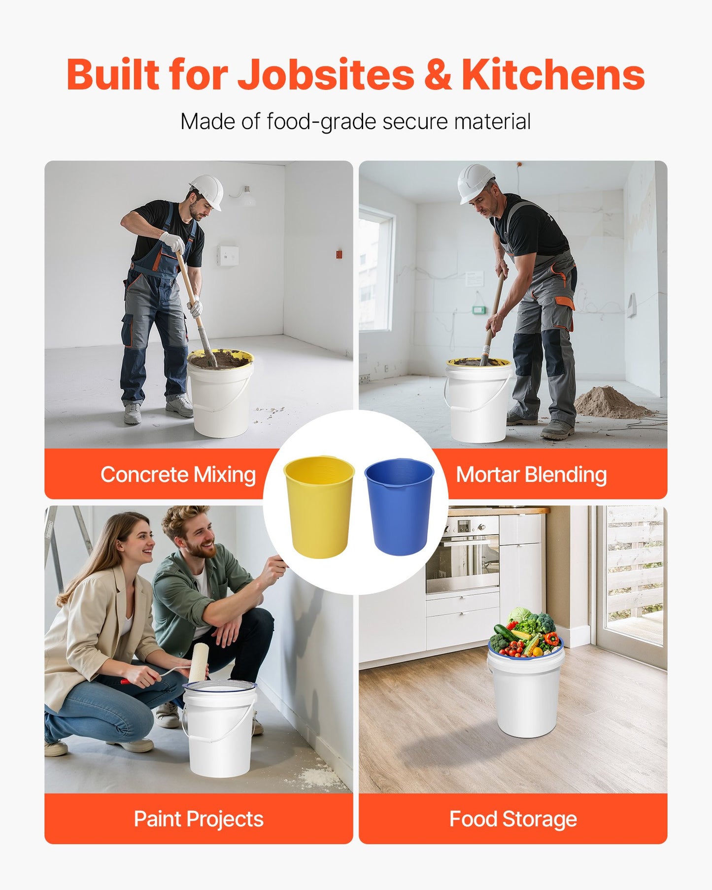2 Pcs 18.9L Bucket Liner for Concrete Mix, Reusable Silicone Mortar Bucket Liner for Thinset Paint Concrete Epoxy Mixing, Heavy-duty Grout Mixer Insert with Measurements, Blue & Yellow
