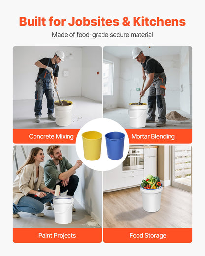2 Pcs 18.9L Bucket Liner for Concrete Mix, Reusable Silicone Mortar Bucket Liner for Thinset Paint Concrete Epoxy Mixing, Heavy-duty Grout Mixer Insert with Measurements, Blue & Yellow