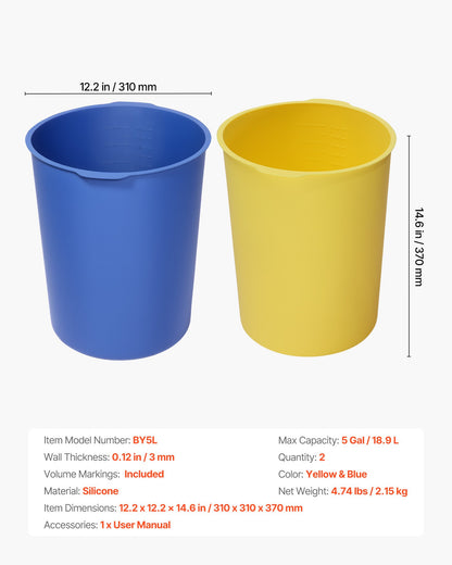 2 Pcs 18.9L Bucket Liner for Concrete Mix, Reusable Silicone Mortar Bucket Liner for Thinset Paint Concrete Epoxy Mixing, Heavy-duty Grout Mixer Insert with Measurements, Blue & Yellow