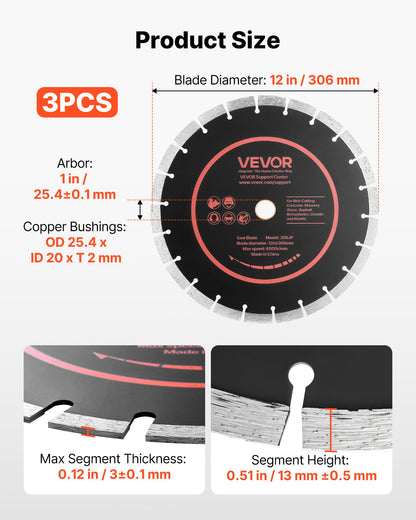 Diamond Blades 306 mm, 3-Pack Concrete Saw Blade Set, 25.4 mm Arbor, High-Hardness Diamond Segments, 65Mn Steel Core, Dry Wet Cutting, Clean Edges for Concrete, Masonry, Brick, Stone, Granite