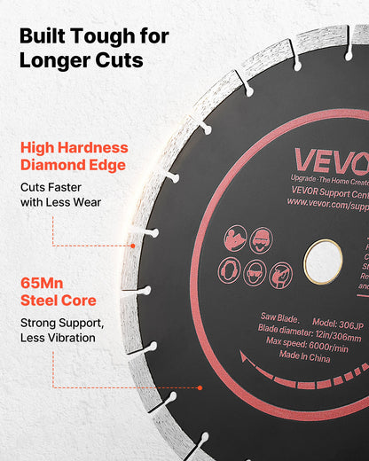 Diamond Blades 306 mm, 3-Pack Concrete Saw Blade Set, 25.4 mm Arbor, High-Hardness Diamond Segments, 65Mn Steel Core, Dry Wet Cutting, Clean Edges for Concrete, Masonry, Brick, Stone, Granite