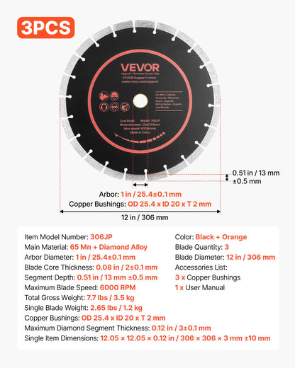 Diamond Blades 306 mm, 3-Pack Concrete Saw Blade Set, 25.4 mm Arbor, High-Hardness Diamond Segments, 65Mn Steel Core, Dry Wet Cutting, Clean Edges for Concrete, Masonry, Brick, Stone, Granite