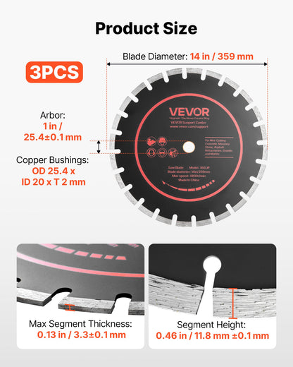 Diamond Blades 359 mm, 3-Pack Concrete Saw Blade Set, 25.4 mm Arbor, High-Hardness Diamond Segments, 65Mn Steel Core, Dry Wet Cutting, Clean Edges for Concrete, Masonry, Brick, Stone, Granite