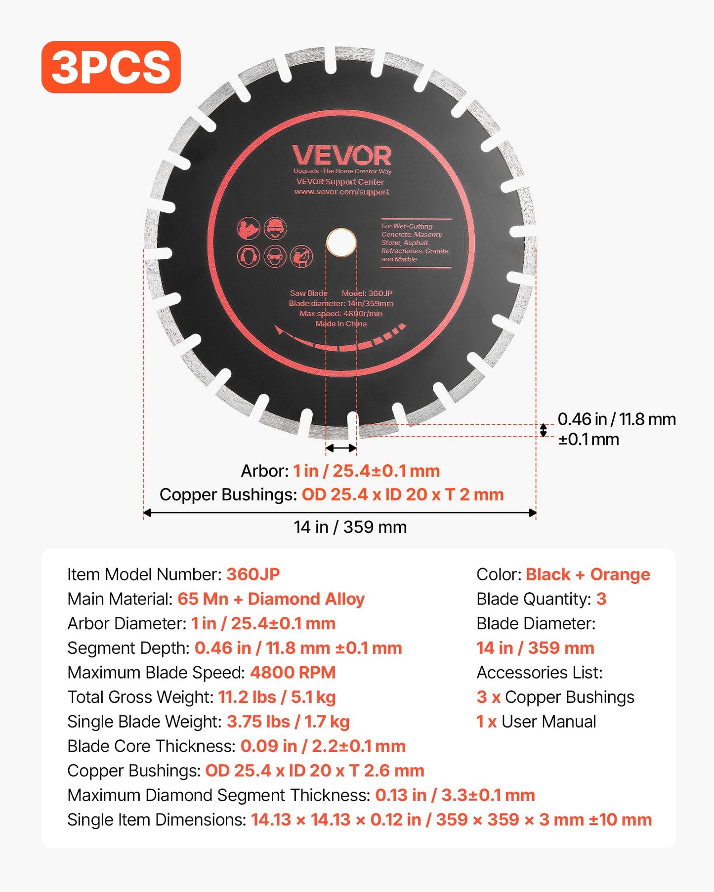 Diamond Blades 359 mm, 3-Pack Concrete Saw Blade Set, 25.4 mm Arbor, High-Hardness Diamond Segments, 65Mn Steel Core, Dry Wet Cutting, Clean Edges for Concrete, Masonry, Brick, Stone, Granite