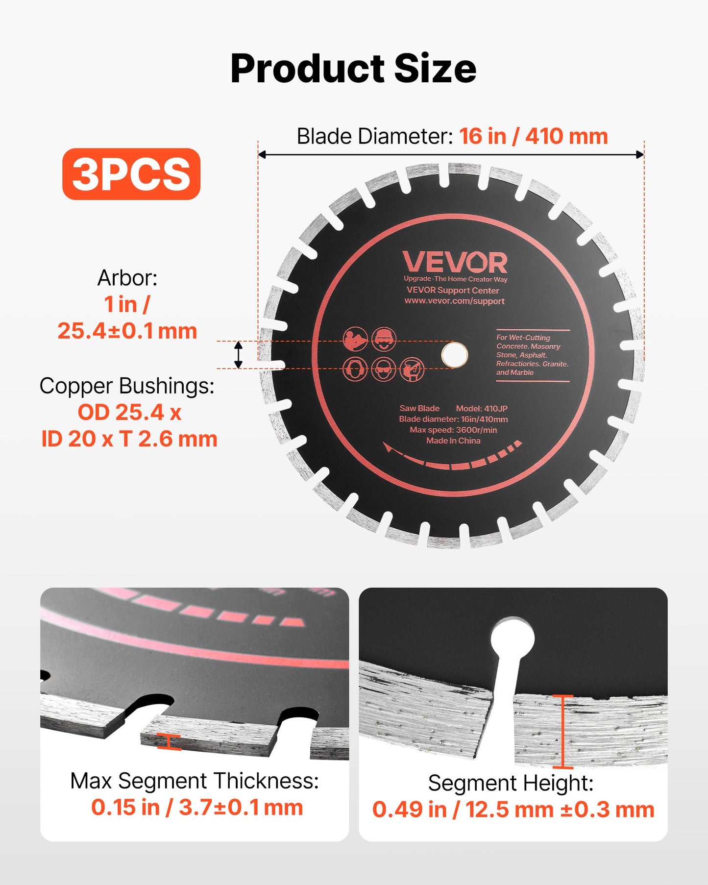 Diamond Blades 410 mm, 3-Pack Concrete Saw Blade Set, 25.4 mm Arbor, High-Hardness Diamond Segments, 65Mn Steel Core, Dry Wet Cutting, Clean Edges for Concrete, Masonry, Brick, Stone, Granite