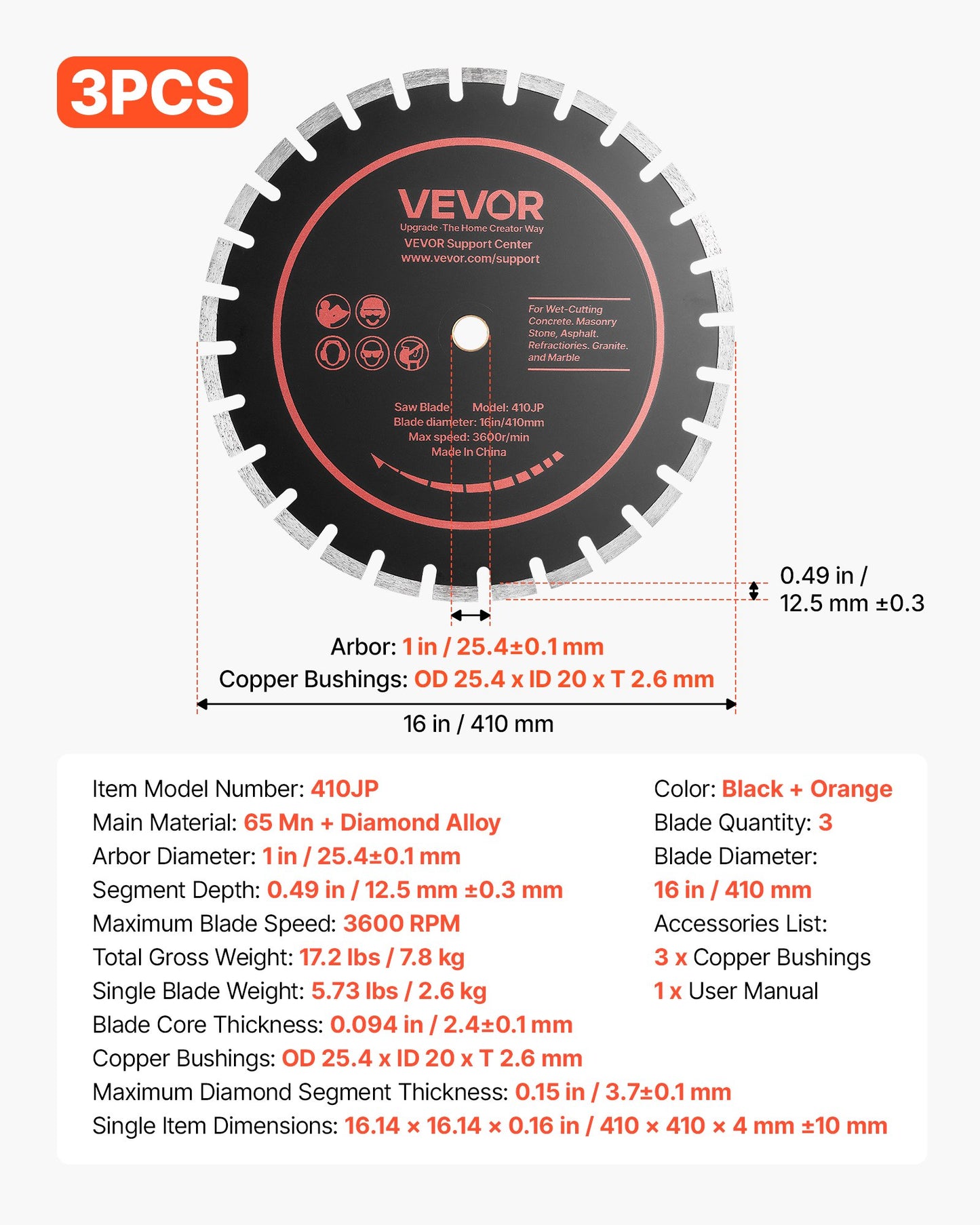 Diamond Blades 410 mm, 3-Pack Concrete Saw Blade Set, 25.4 mm Arbor, High-Hardness Diamond Segments, 65Mn Steel Core, Dry Wet Cutting, Clean Edges for Concrete, Masonry, Brick, Stone, Granite