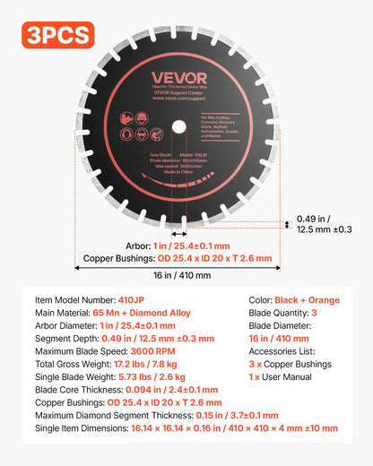 Diamond Blades 410 mm, 3-Pack Concrete Saw Blade Set, 25.4 mm Arbor, High-Hardness Diamond Segments, 65Mn Steel Core, Dry Wet Cutting, Clean Edges for Concrete, Masonry, Brick, Stone, Granite