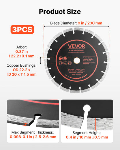 Diamond Blades 230 mm, 3-Pack Concrete Saw Blade Set, 22.2 mm Arbor, High-Hardness Diamond Segments, 65Mn Steel Core, Dry Wet Cutting, Clean Edges for Concrete, Masonry, Brick, Stone, Granite