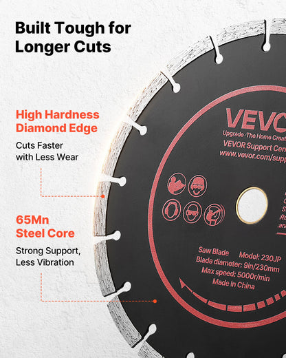 Diamond Blades 230 mm, 3-Pack Concrete Saw Blade Set, 22.2 mm Arbor, High-Hardness Diamond Segments, 65Mn Steel Core, Dry Wet Cutting, Clean Edges for Concrete, Masonry, Brick, Stone, Granite
