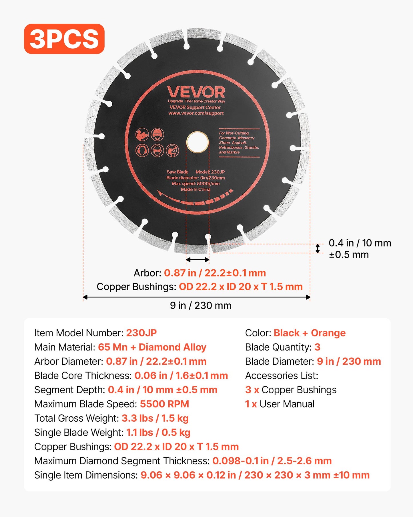 Diamond Blades 230 mm, 3-Pack Concrete Saw Blade Set, 22.2 mm Arbor, High-Hardness Diamond Segments, 65Mn Steel Core, Dry Wet Cutting, Clean Edges for Concrete, Masonry, Brick, Stone, Granite
