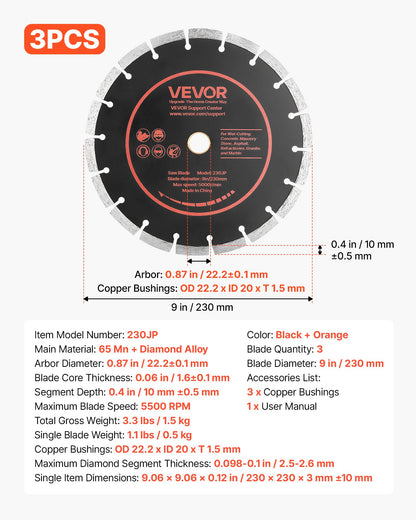 Diamond Blades 230 mm, 3-Pack Concrete Saw Blade Set, 22.2 mm Arbor, High-Hardness Diamond Segments, 65Mn Steel Core, Dry Wet Cutting, Clean Edges for Concrete, Masonry, Brick, Stone, Granite