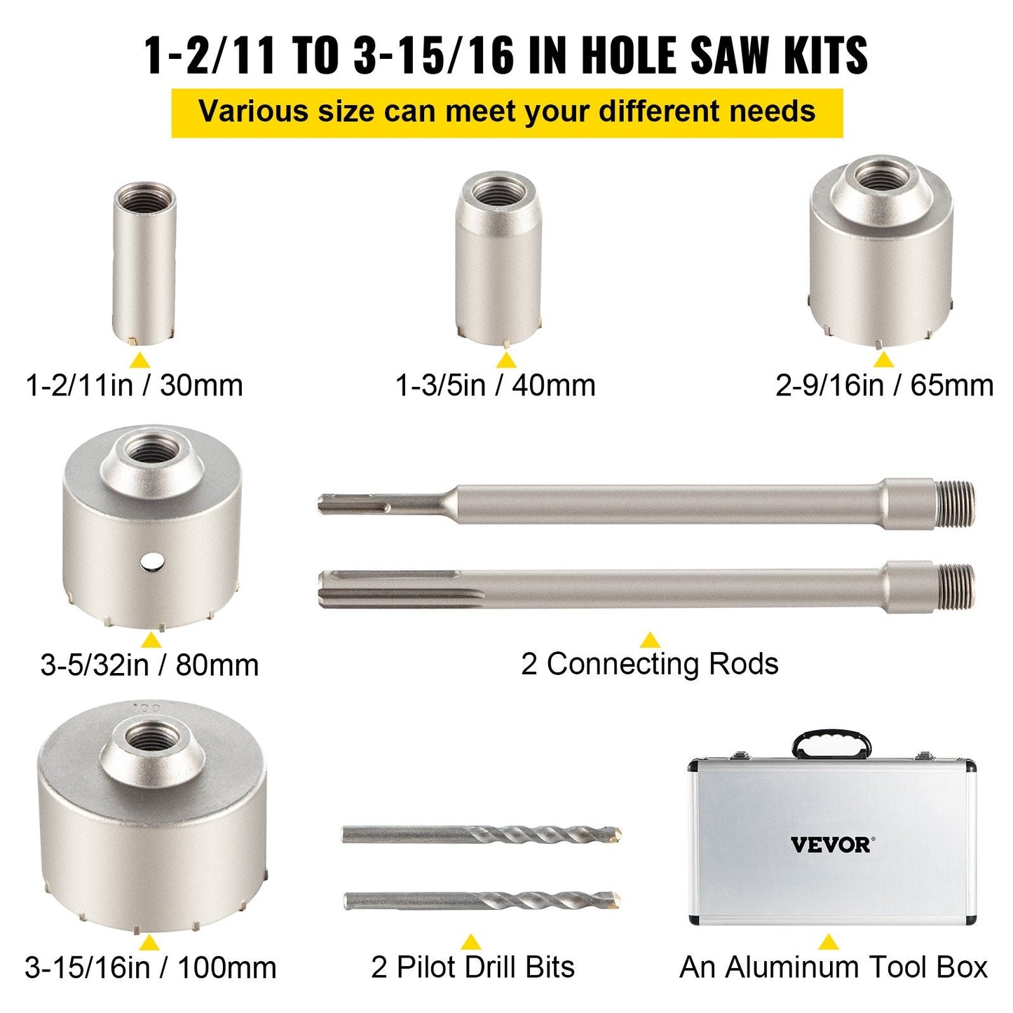 Concrete Hole Saw Kit, 30-100mm, SDS Plus/Max, Carbon Steel, 4-in-1 Set