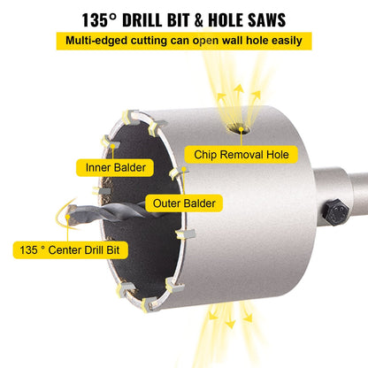 Concrete Hole Saw Kit, 30-100mm, SDS Plus/Max, Carbon Steel, 4-in-1 Set