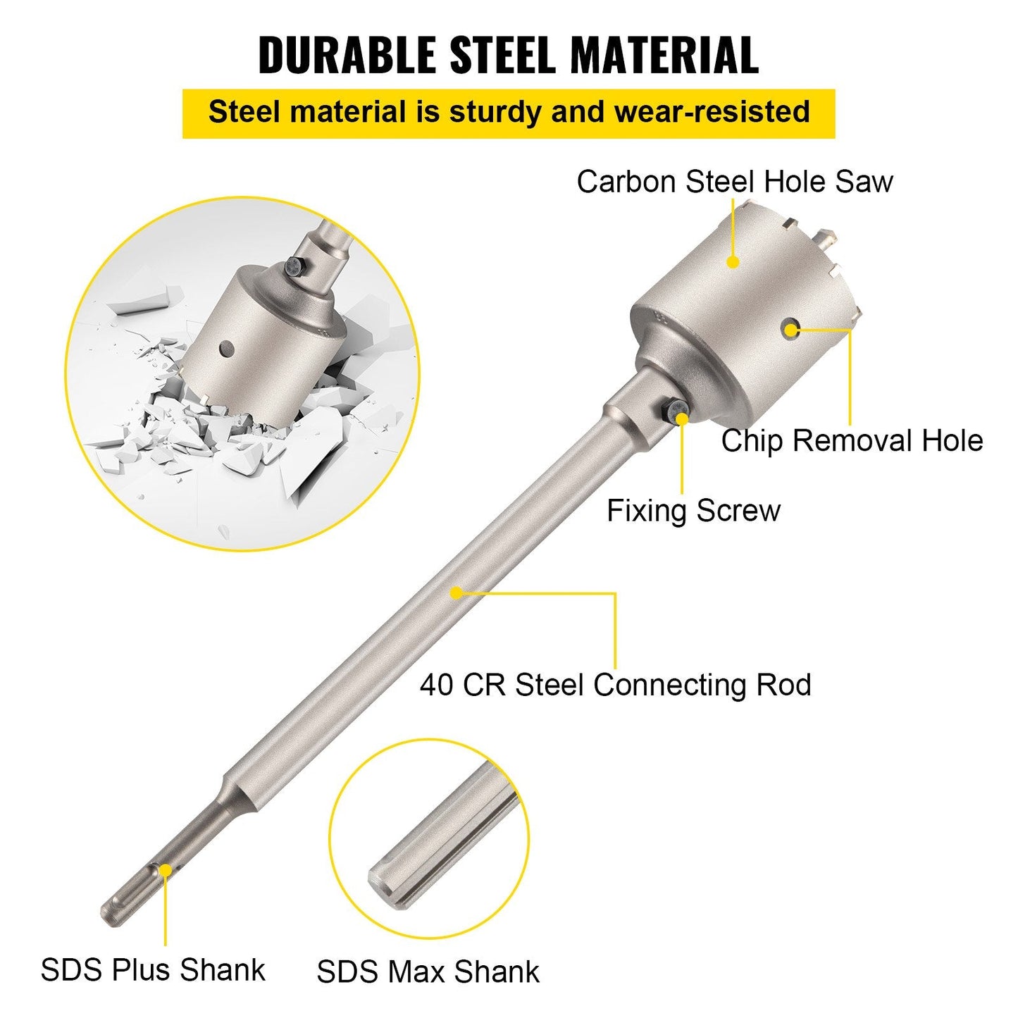 Concrete Hole Saw Kit, 30-100mm, SDS Plus/Max, Carbon Steel, 4-in-1 Set