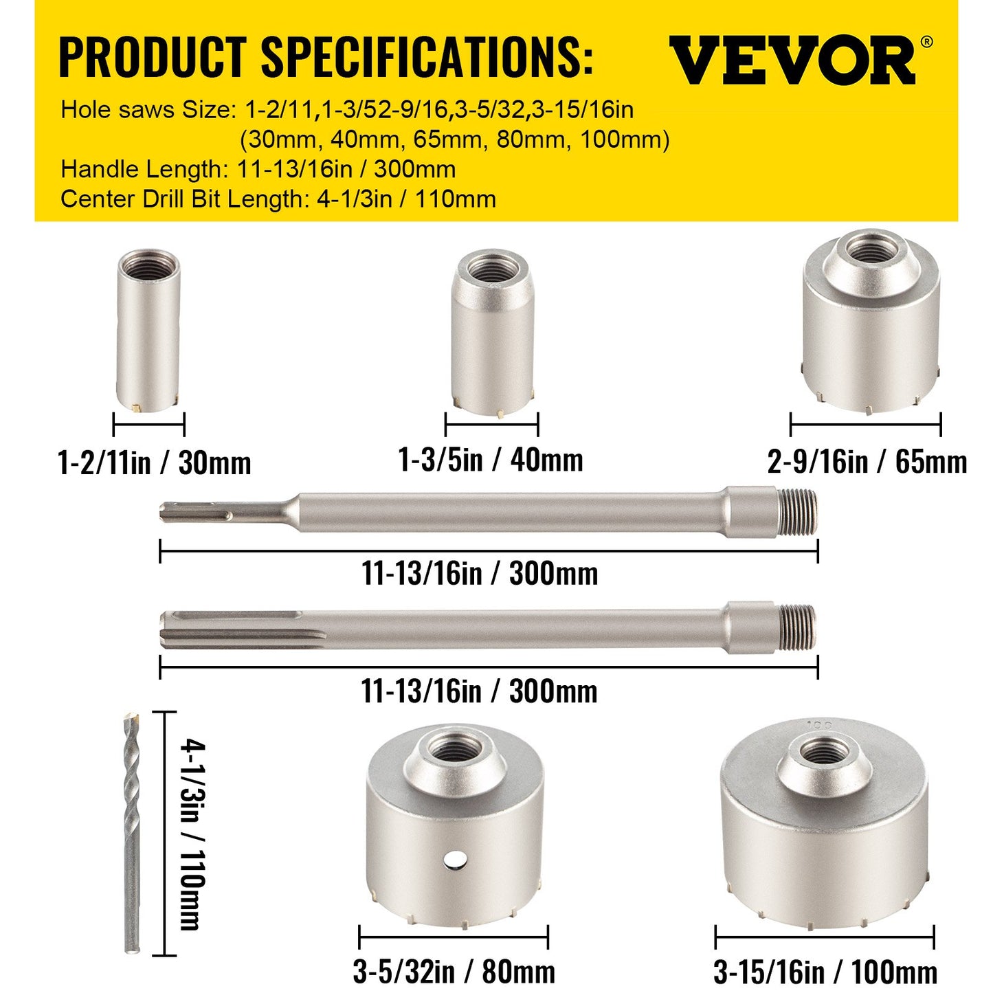 VEVOR Concrete Hole Saw Kit Wall Hole Opener 30-100mm SDS Plus or SDS Max Shank