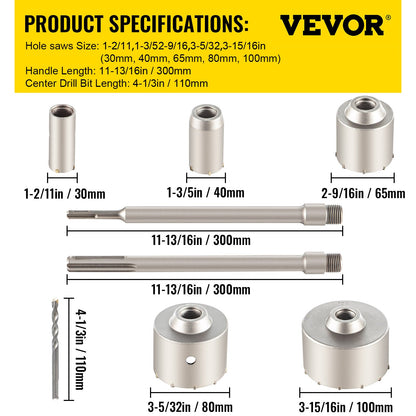 VEVOR Concrete Hole Saw Kit Wall Hole Opener 30-100mm SDS Plus or SDS Max Shank