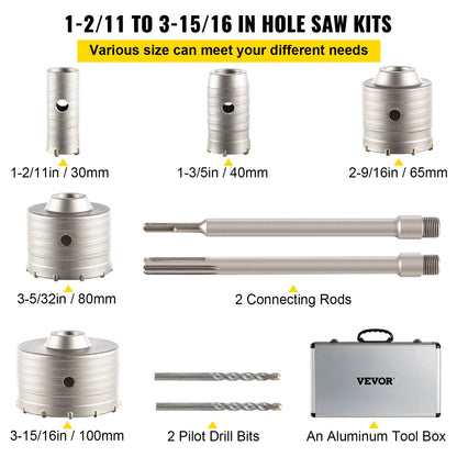 VEVOR Concrete Hole Saw Kit, 1-2/11\", 1-3/5\", 2-9/16\", 3-5/32\", 3-15/16\" Drill