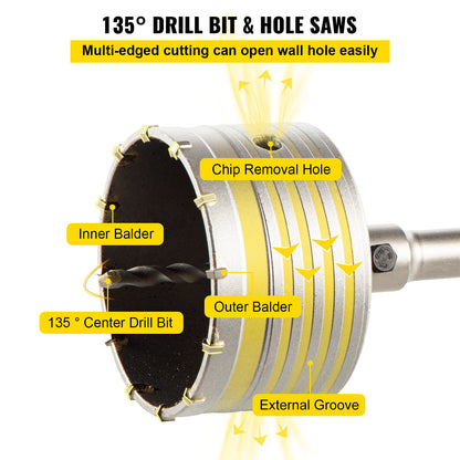 VEVOR Concrete Hole Saw Kit, 1-2/11\", 1-3/5\", 2-9/16\", 3-5/32\", 3-15/16\" Drill