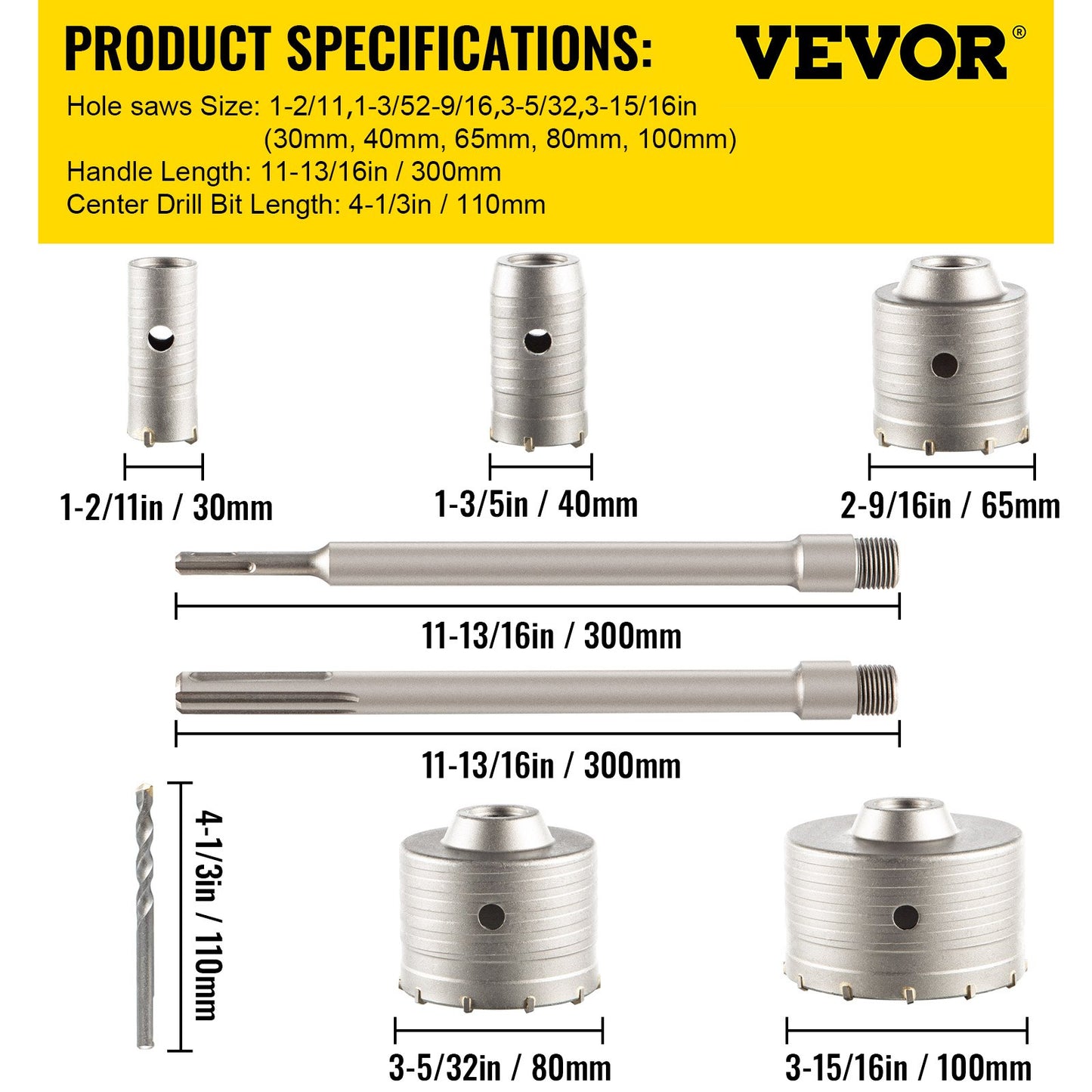 VEVOR Concrete Hole Saw Kit, 1-2/11\", 1-3/5\", 2-9/16\", 3-5/32\", 3-15/16\" Drill