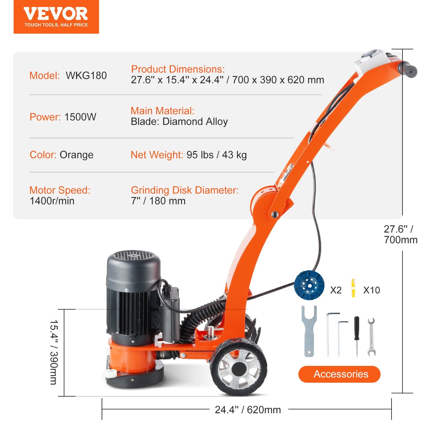 VEVOR Electric Concrete Floor Grinder 7" Walk-Behind Grinder 2.0HP Concrete Floor